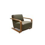 Eckersley Lounge Chair angled front view showing curved oak armrests and plush olive leather cushion