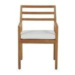 Slatted wood seat without cushion, angled showing armrest and leg straightness