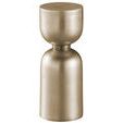 End table with elongated hourglass shape in smooth silver leaf finish and antique satin brass collar