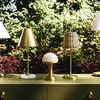 Hallie table lamp displayed outdoors on green cabinet among other table lamps with different designs
