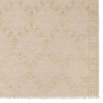 Zoomed-in view of the textured geometric diamond pattern and cream-tan woven border of the rug