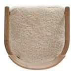 Top-down view of chair showing rounded seat cushion wrapped in soft shearling and curved oak frame