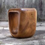 Loophole Wooden Accent Stool from a side rear perspective showing the natural wood grain patterns and knots.