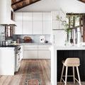 Runner version of Layla rug in kitchen with wooden ceiling and white cabinetry, highlighting length and color contrast