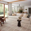 Ember Clay / Sand Rug styled in bright living room with sofa, armchair, and wood beams
