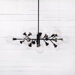 Matte black iron chandelier with multiple sculptural arms and clear glass bulbs in cluster design