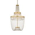 Beaded chandelier isolated on white with LED strips softly illuminating gold leaf rings