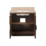 Vanity with open cabinet doors displaying adjustable shelf and plumbing access cutout