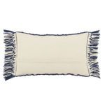 reverse side of pillow in solid ivory fabric with blue tasseled edges