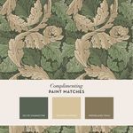 Close-up of William Morris Acanthus Wallpaper with three complementary paint swatches in olive green, gold, and brown tones