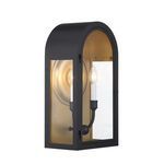 Side angled close-up of outdoor wall lantern revealing one lit bulb and inner gold reflective backplate