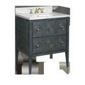 Vintage navy bathroom vanity with rectangular undermount sink, marble countertop, split rattan drawer pattern