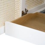 Close-up of inner wooden storage drawer on Ariel 2-Door Cabinet with cane panel door hinge visible
