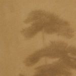 Close-up on upper portion of painting showing blurred tree canopy details on textured canvas