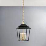 Slightly different angle of aged brass hanging chain and lantern against light gray room wall