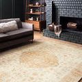Rosette rug shown in living room setting with dark walls, grey sofa, and fireplace, showcasing rug scale and ambiance.