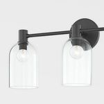 Paisley 1 Light Bath Sconce with black steel arm and two clear glass bell-shaped shades