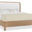 King size Banyon Bay panel bed with sunbleached leather upholstered headboard and desert oak finish frame