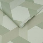 Fractal Sage wallpaper with sage green and muted geometric hexagon pattern on rolled paper.