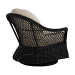 Rear angle highlighting the open black resin wicker lattice back and soft fabric cushion support