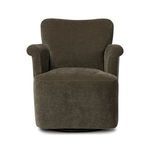Dark brown Camellia Swivel Chair with sweetheart back and slightly rolled arms in plush upholstery.