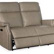 Front angle of loveseat with footrests extended in reclined position