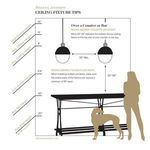 Diagram with installation tips showing Hilton Pendants over a counter with height and spacing guidelines