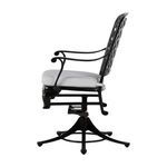 Side profile highlighting curled armrest and cushion thickness on black swivel rocker chair