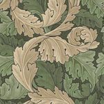 William Morris Acanthus Wallpaper with swirling acanthus leaves in beige and various green shades on dark background