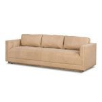 90-inch Palermo nude top-grain leather sofa with button-tufted cushions and subtle plinth parawood base