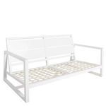 White aluminum loveseat frame without cushions showing slatted seat and backrest from angled front
