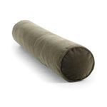 Bolster pillow angled showing circular end stitching and plush velvet texture