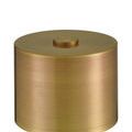 Close-up top view of brushed metal drum shade and finial in warm brass tone