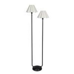 Polly Blackened Brass Floor Lamp with two white scalloped shades on an asymmetrical blackened brass base
