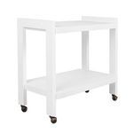 Angled side view of white washed oak bar cart showcasing frame thickness and caster design