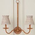 Wall-mounted, lit double-arm chandelier with whitewashed seagrass shades against a paneled beige wall