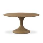 Round Eastman dining table in light weathered oak veneer with tulip pedestal base and step detailing.