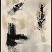 abstract painting with beige background featuring bold black brushstrokes and scattered dot clusters in vertical and horiz...
