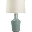 32-inch Emma Lamp with sea mist glazed ceramic base and antique gold leaf finish, ivory linen drum shade with gold pentago...