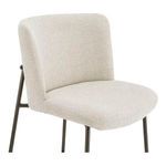 Close-up of Early stool’s beige textured fabric seat and curved backrest