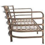 Side profile of sofa with white cushions revealing three horizontal oak rails and woven bindings
