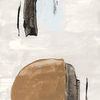 Abstract painting with large brown semicircle, vertical black brushstroke, and light blue accents on beige background