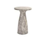 Light gray concrete outdoor accent table with a rounded top and curved base featuring textured surface