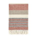 50x70 inch handwoven Belgian linen throw with colorful horizontal stripes in red, gray, beige, and cream with fringed edges