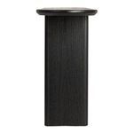 Side view of console table emphasizing vertical panel leg design and shape of oval top