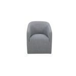 Sandy Rolling Dining Chair with curved back, cushioned seat, soft gray fabric upholstery, and smooth casters