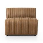 Tan top-grain leather dining banquette with pronounced grain and vertical channeling, chair-and-a-half size