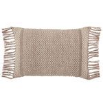 Taupe chevron lumbar pillow with tasseled trim and woven geometric pattern in rectangular shape