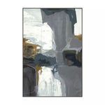 Abstract painting with gray, white, and brown tones framed in a slim black frame, size 60x40 inches