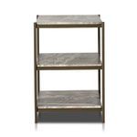 Nightstand back view focusing on three wide marble shelves framed in antique brass iron